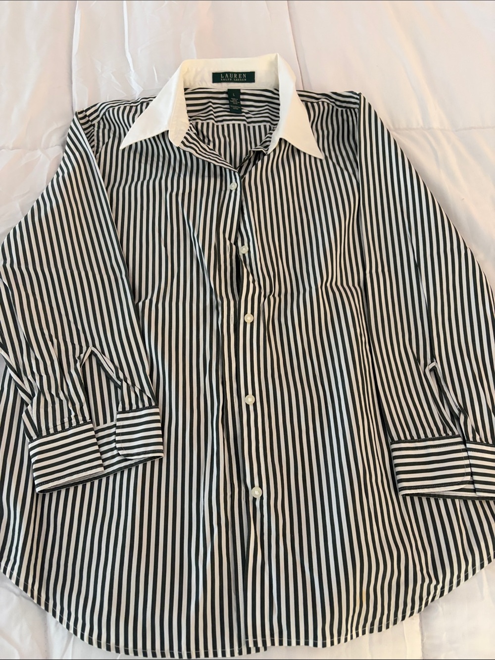 Lauren Ralph Lauren Black & White Striped Button-Up Shirt with Contrast Collar